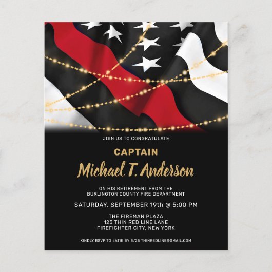 バジェット消防士の退職金の細い赤線招待状 (正面)