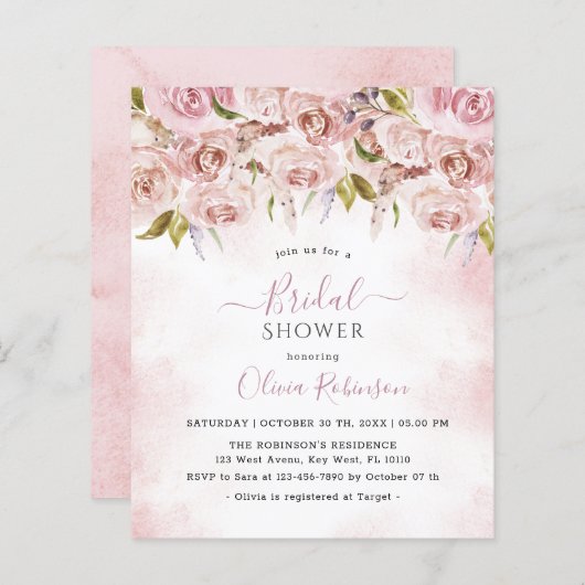 バジェット淡い色のピンクフローラブライダルシャワー招待 (正面/裏面)
