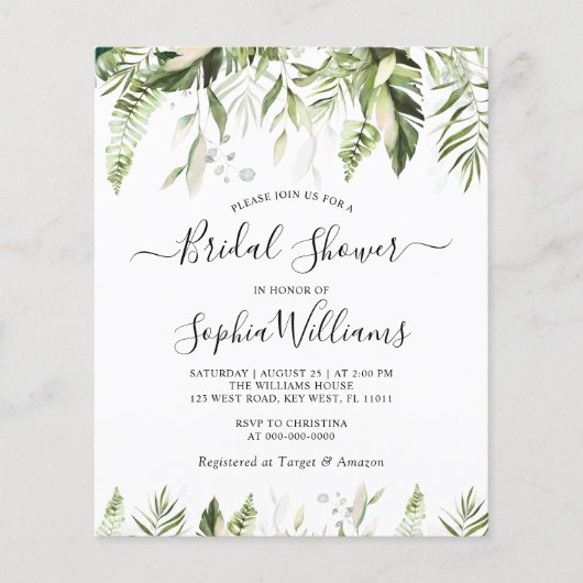 バジェット熱帯葉国のブライダルシャワー招待状 (正面)