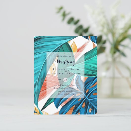 バジェット熱帯葉国の目的地の結婚式の招待状 (スタンド正面)