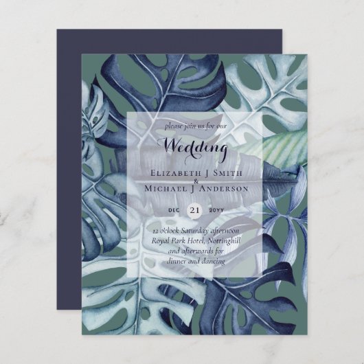 バジェット熱帯葉国の目的地の結婚式招待状 (正面/裏面)