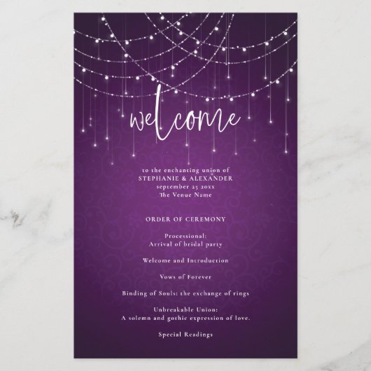バジェット王室のパープル文字列ライト結婚式 プログラム (正面)
