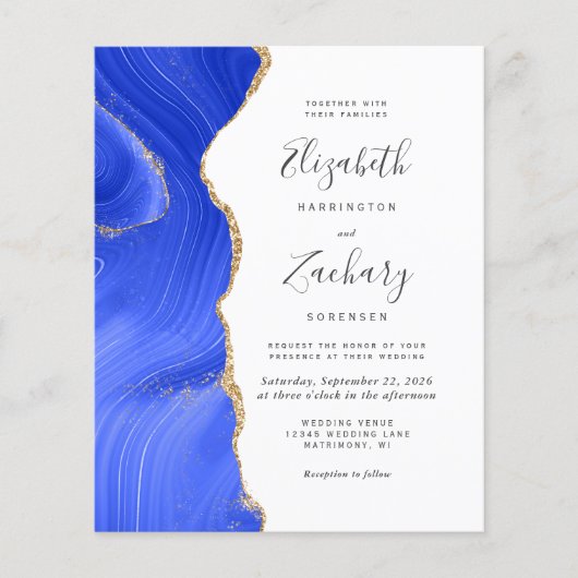 バジェット王室のブルー金ゴールドアゲート結婚式招待状 (正面)