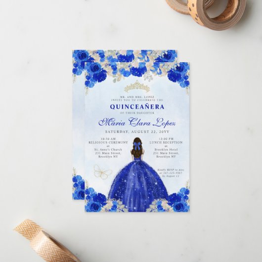 バジェット王室のブルー金ゴールドフローラプリンセスキンセアニラ ノートカード (正面/裏面インサイチュ)