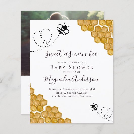 バジェット甘いCan Bee Baby Shower Invitation (正面/裏面)