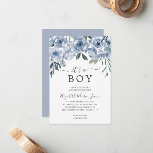 バジェット男の子の埃っぽい青いフローラの赤ちゃんシャワー ノートカード (正面/裏面インサイチュ)