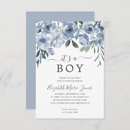バジェット男の子の埃っぽい青いフローラの赤ちゃんシャワー ノートカード (正面/裏面)