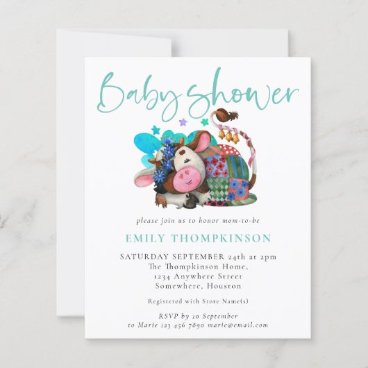 バジェット男女兼用牛ティール（緑がかった色）ベビーシャワー招待状 (正面)