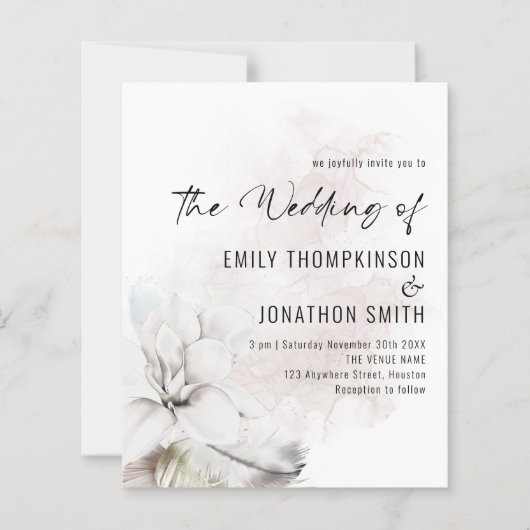 バジェット白フローラ水彩結婚式の招待 (正面)