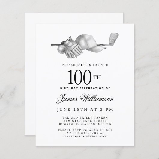 バジェット白黒ゴルフ100番目の誕生日招待状 (正面/裏面)