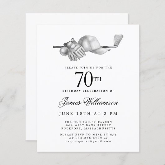 バジェット白黒ゴルフ70th誕生日招待状 (正面/裏面)