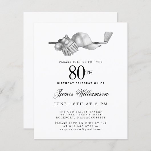 バジェット白黒ゴルフ80th誕生日招待状 (正面/裏面)