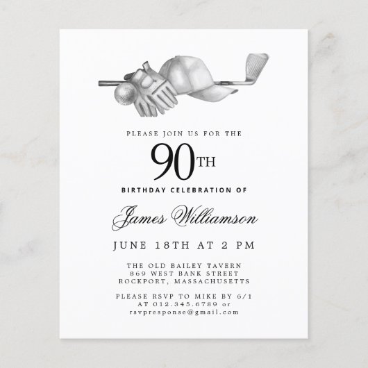 バジェット白黒ゴルフ90th誕生日招待状 (正面)