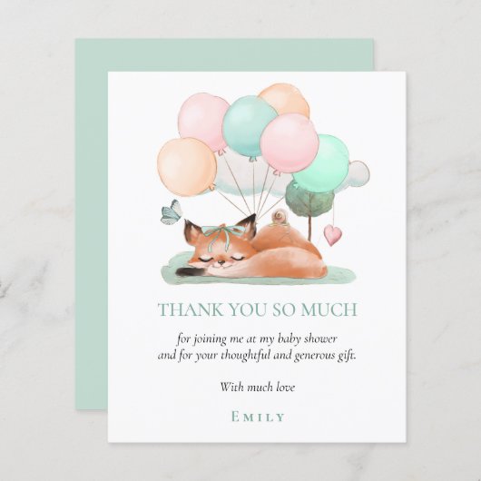 バジェット睡眠キツネティール（緑がかった色）ベビーシャワーありがとう (正面/裏面)