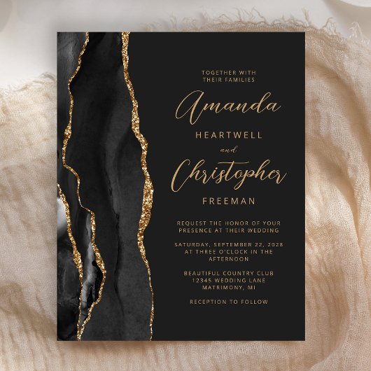 バジェット石板ブラック金ゴールドアゲート結婚式招待状