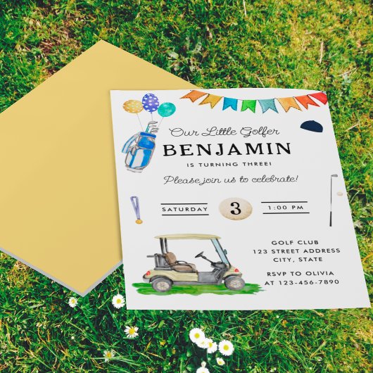 バジェット私たちのリトルゴルファー黄色のキッズゴルフ誕生日 チラシ