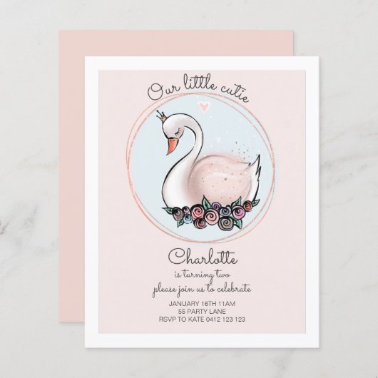 バジェット私たちの小さなかわいこちゃんピンクスワン招待状 (正面/裏面)