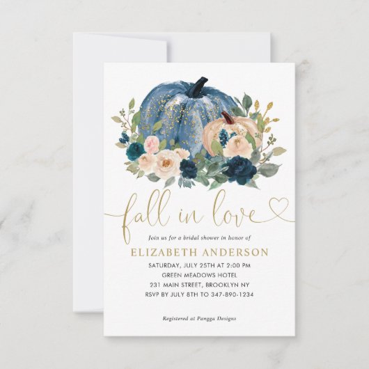 バジェット秋ラブブルーフローラパンプキンブライダルシャワー ノートカード (正面)