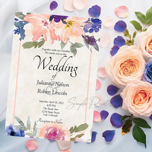 バジェット空白のオレンジとブルーのフローラのインプ結婚レット 招待状