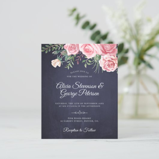 バジェット素朴なネイビーピンクフローラ結婚式招待状 (スタンド正面)