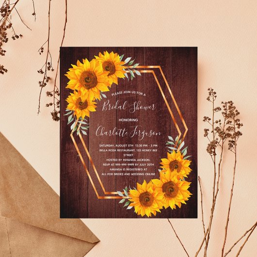 バジェット素朴なヒマワリ茶色の木材ブライダルシャワー