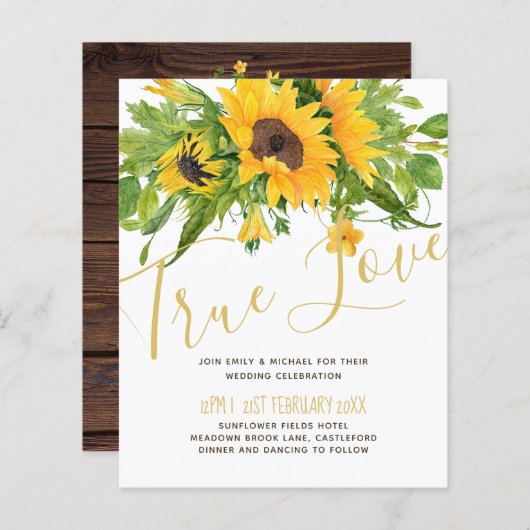 バジェット素朴ひまわりスクリプト結婚式招待状 (正面/裏面)