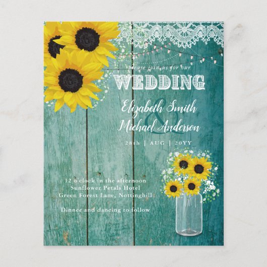 バジェット素朴ひまわりティール(緑がかった色)イエローウェディング招待 (正面)