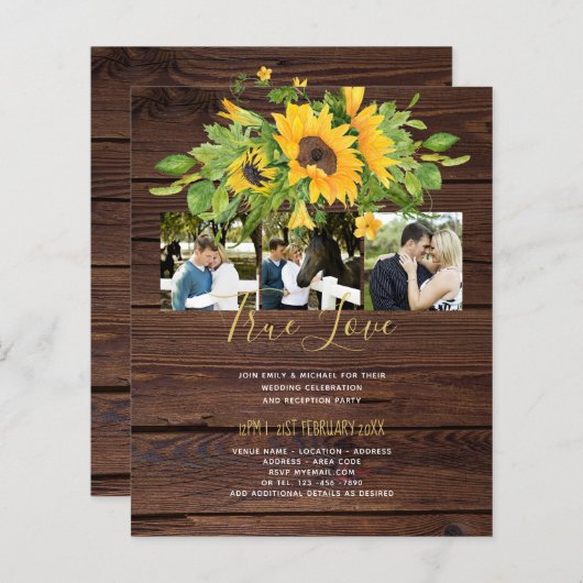 バジェット素朴ひまわりフォト結婚式招待状 (正面/裏面)