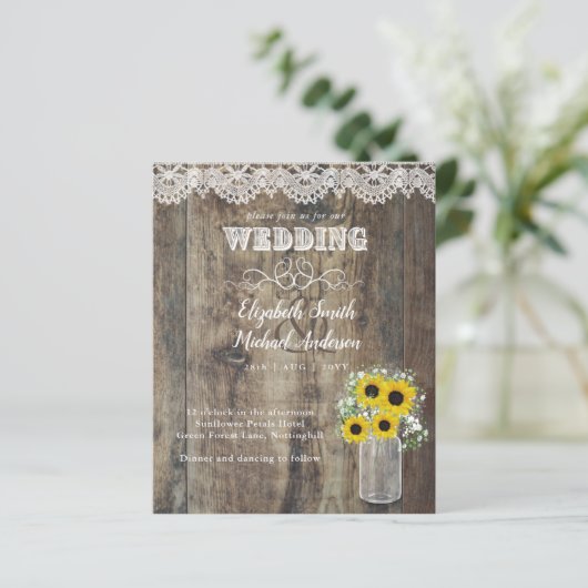バジェット素朴ひまわりレース木製ウェディング招待 (スタンド正面)