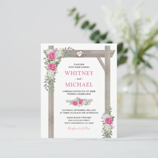 バジェット素朴アーチピンクフローラ結婚式招待状 (スタンド正面)