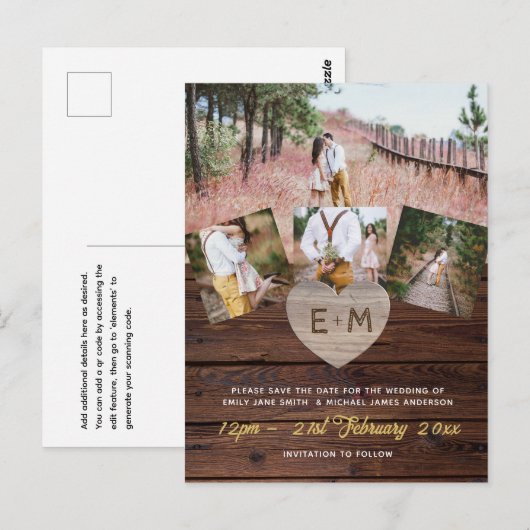 バジェット素朴ウッドフォトコラージュ彫刻ハート ポストカード (正面/裏面)