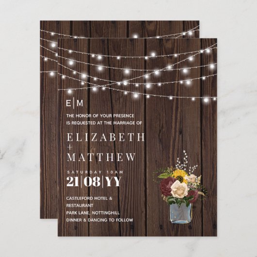 バジェット素朴ウッドブルゴーニュ黄色の結婚式の招待 (正面/裏面)
