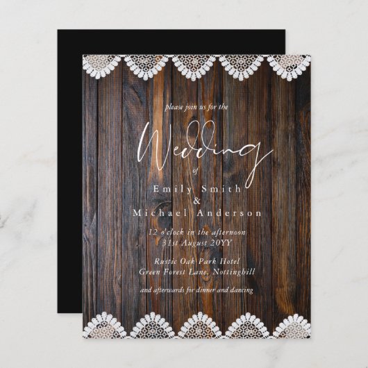 バジェット素朴ウッドレース結婚式招待状 (正面/裏面)