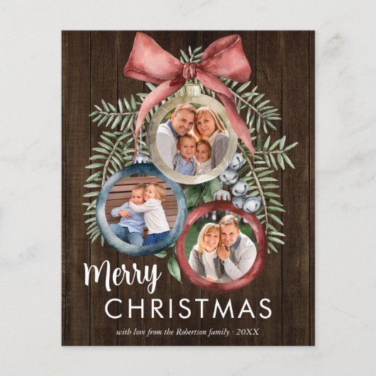 バジェット素朴ウッド3写真クリスマスオーナメントカード (正面)