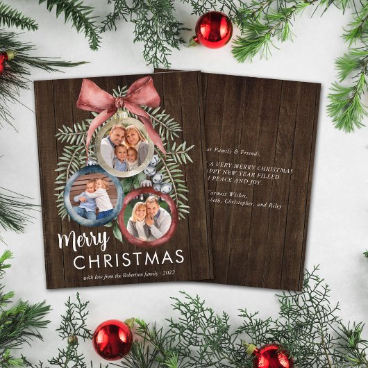 バジェット素朴ウッド3写真クリスマスオーナメントカード
