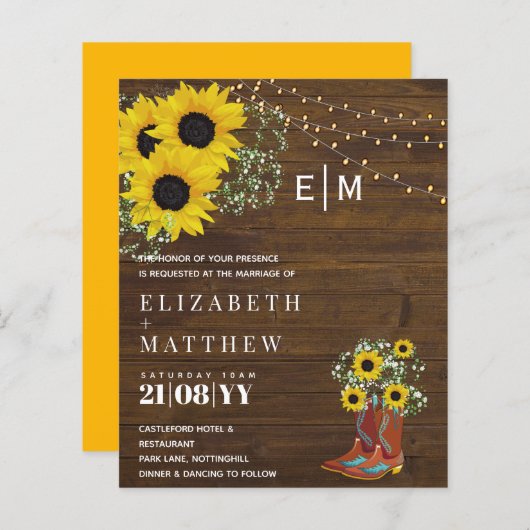 バジェット素朴サンフラワーズジプソフィラ結婚式の招待 (正面/裏面)