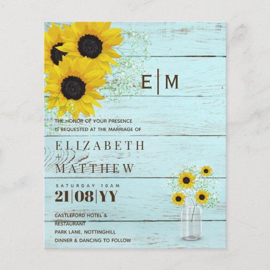 バジェット素朴サンフラワーズジプソフィラ結婚式の招待 (正面)