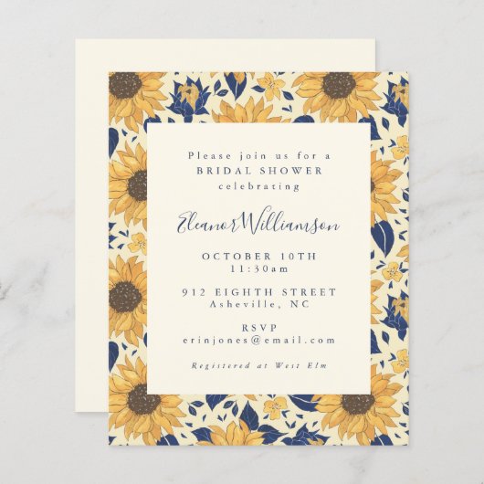 バジェット素朴サンフラワーズブルーブライダルシャワー招待状 (正面/裏面)