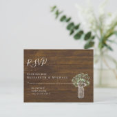 バジェット素朴ジプソフィラ・メイソン・ジャー・ウェディングRSVP ポストカード (スタンド正面)