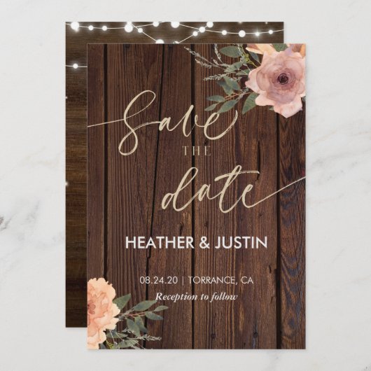 バジェット素朴スクリプト文字列ライト&レース結婚ズ 招待状 (正面/裏面)