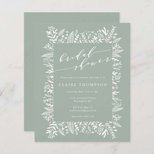 バジェット素朴セージフローララインアートブライダルシャワー (正面/裏面)