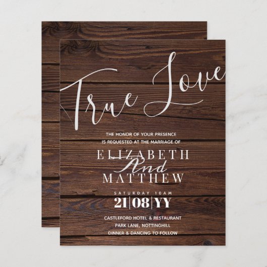 バジェット素朴タイポグラフィウッド結婚式招待状 (正面/裏面)
