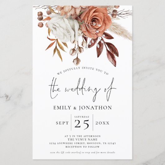 バジェット素朴テラコッタ花模様QRウェディング招待 (正面)