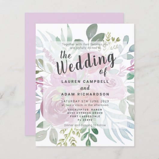 バジェット素朴バラダスティピンク結婚式招待状 (正面/裏面)