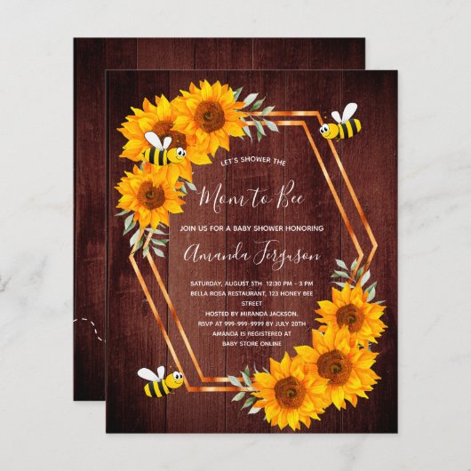 バジェット素朴ビーベイビーシャワーサンフラワー招待状 (正面/裏面)