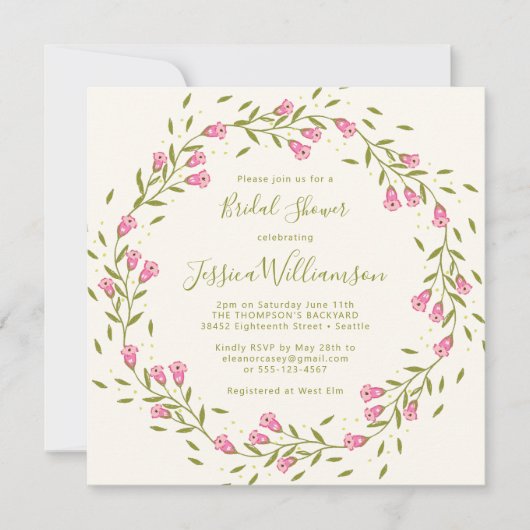 バジェット素朴ピンクガーデンフラワーズブライダルシャワー 招待状 (正面)
