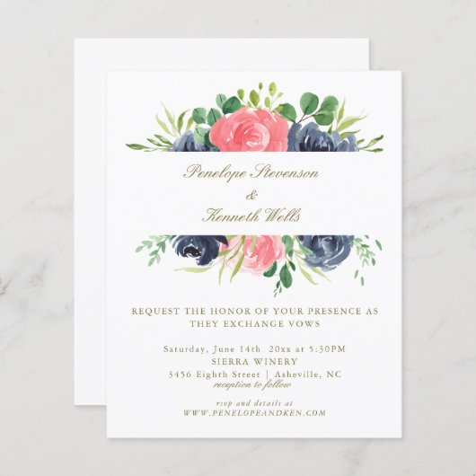 バジェット素朴ピンクネイビーバラフローラ結婚式の招待 (正面/裏面)