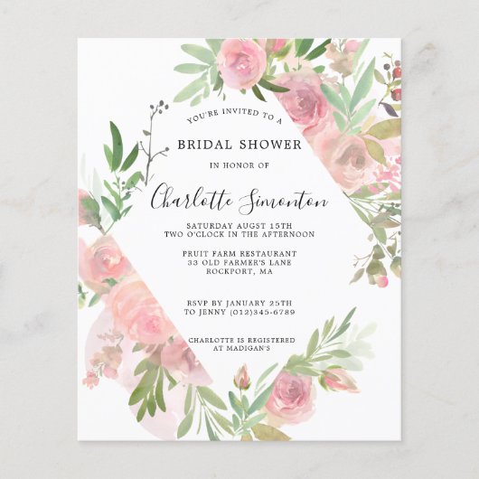 バジェット素朴ピンクフローラブライダルシャワー招待 (正面)