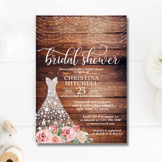 バジェット素朴ピンクフローラホワイトガウンブライダルシャワー 招待状