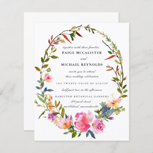 バジェット素朴ピンクフローラ結婚式招待状 (正面/裏面)